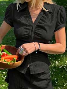CovetEZ Women's Solid Color Regular Shoulder Short Sleeve Front Button Down Fitted Shirt, Summer Top, Black - Black - View 4