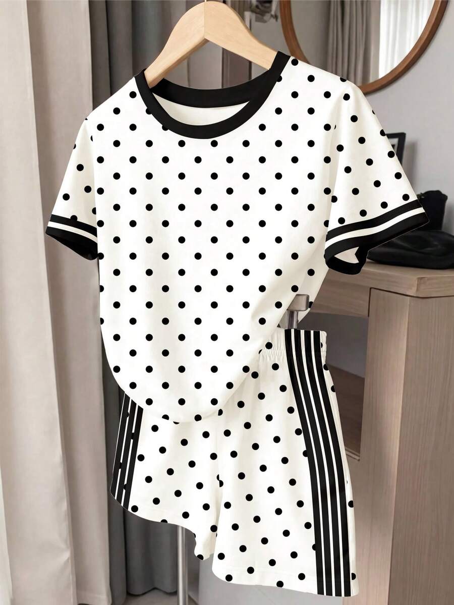 2pcs/Set Young Girl Vintage Polka Dots, Classic Black & White Dot, Contrast Striped Round Neck Short Sleeve T-Shirt And Shorts, Suitable For Summer - Multicolor - View 1