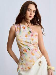 CielaLinda Women's One-Shoulder Asymmetric Hem Satin Floral Printed Top - Multicolor - View 7