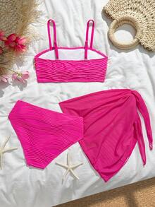 SHEIN Tween Girls' Summer Beach Vacation Shell & Starfish Print Bandeau Bikini Set - Hot Pink - View 2
