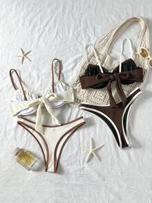 4pcs Brown & Beige Textured Fabric Underwire Swimwear Set - Multicolor - View 2