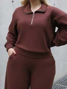 CHERRY TINTT SELECTION Plus Size Casual Solid Color Sweatshirt And Sweatpants Set Elegant - Brown - View 3