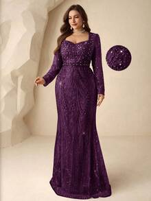 Coutiva 大码优雅方领刺绣珍珠水钻设计，长袖鱼尾裙摆，正式晚礼服，婚礼宾客礼服，舞会礼服，派对礼服，毕业典礼礼服，开学礼服 - 紫色 - 查看 1