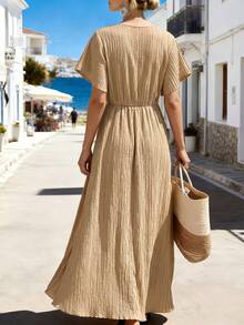 Isle Nomé Women's Solid Color Short Sleeve Dress, Textured Cinched Waist Long Dress, Suitable For Summer Daily Commute, Travel, Date Vacation Khaki Green Casual - Apricot - View 3