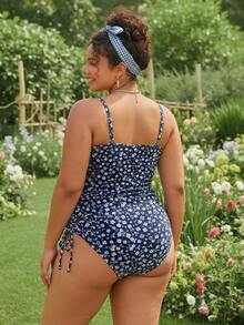 Swim Mod 2026 New Spring/Summer Plus Size Women Ditsy Floral Side Drawstring Ruched Slimming Sexy Backless One-Piece Swimsuit For Beach Party - Blue and White - View 5