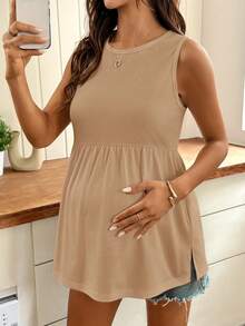SHEIN Maternity Solid Color Round Neck Ruffle Hem Casual Maternity Tank Top Photoshoot Summer - Khaki - View 6