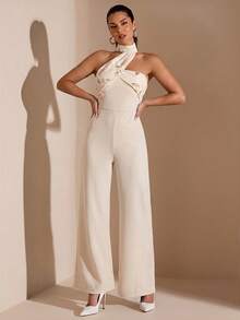 Silquee Women's White And Gold Floral Summer Dinner Day Party Jumpsuit, Black And Textured Asymmetrical Neckline Off-Shoulder Wide-Leg Jumpsuit For Party - Apricot - View 6