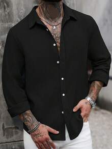 Manfinity CasualCool Camisa de lino de manga larga de un solo pecho de unicolor casual para hombres, camisa de vestir de punto con botones negra para ceremonia para hombres - Negro - Ver 5