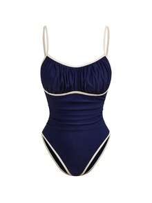 SHEIN 女士新款撞色荷叶边连体泳衣，适合夏季海滩度假 - 彩色 - 查看 5