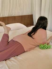 Dazy Plus Plus Size Graphic Print Loose Fit Short Sleeve Top And Elastic Waist Pants Pajama Set Summer - Pink - View 7