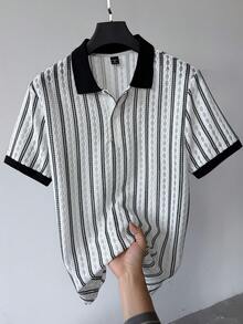 Manfinity CasualCool 男士条纹短袖休闲通勤 Polo 衫 - 黑與白 - View 5