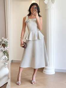 Feyla Women's Elegant Rhinestone Sleeveless Mid-Length Dress, Summer - Khaki - View 7