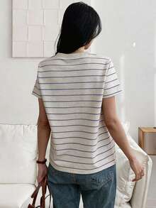 DAZY T-shirt à col rond à manches courtes rayé pour femmes, polyvalent pour les déplacements en été - Beige - Voir 2