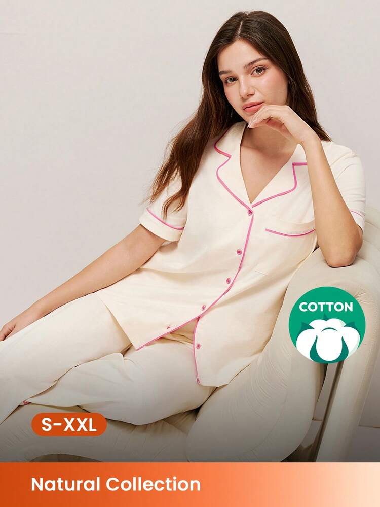 Cotton Button-Up Top & Pants PJ Set