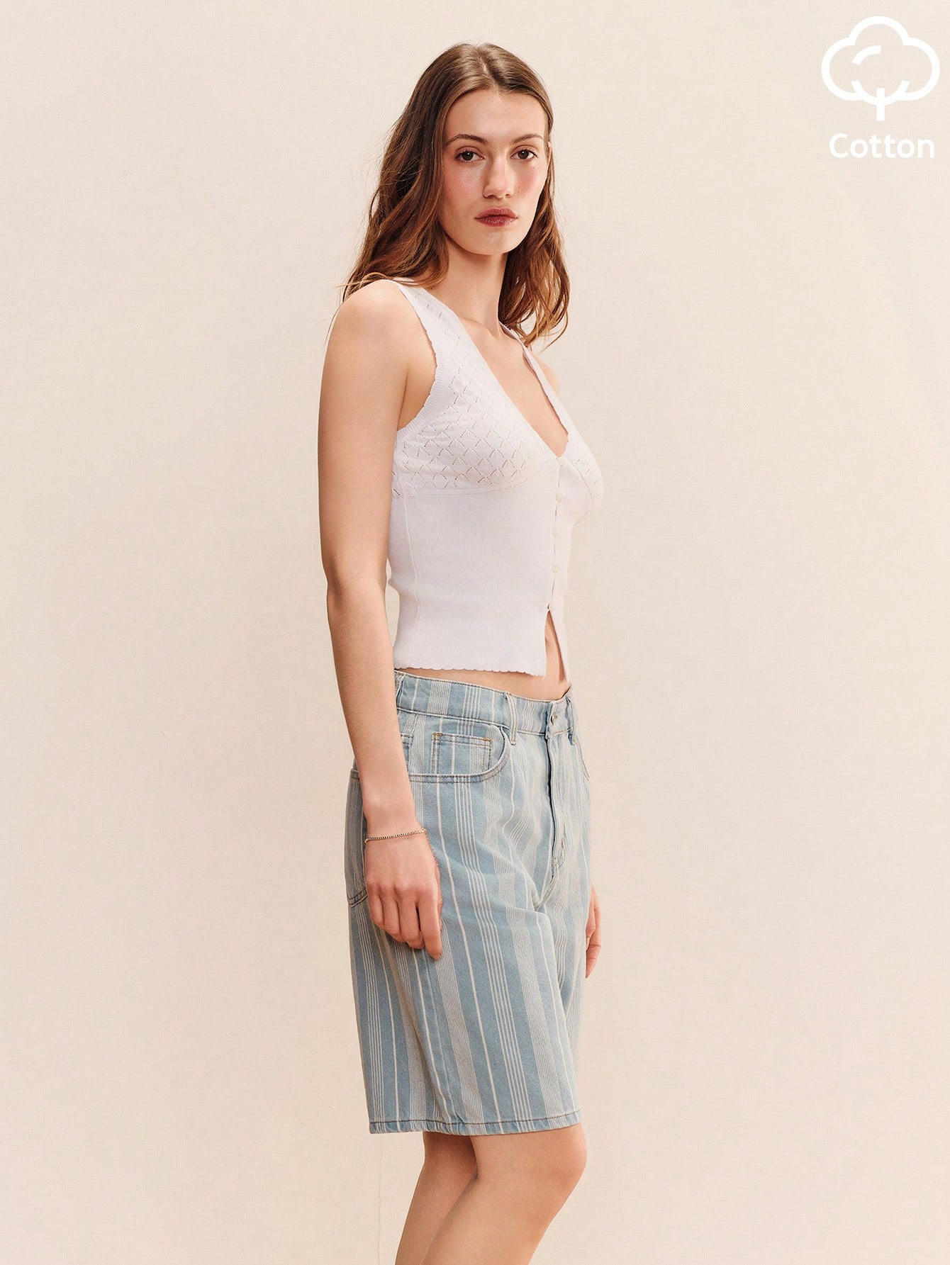 White Fine-Knit Cotton Top With A V-Neckline And Button-Front Opening Cute Chic French Style White Cotton Top Holiday Top Beach Top Summer Holiday Top Casual Top