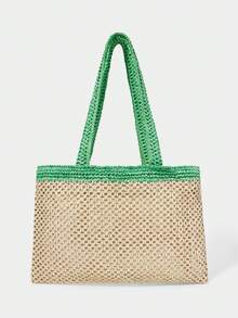 SHECARRY Ladies, Women Shoulder Bag, Straw Bag, Straw Woven Bag, Coconut Tree Embroidery Pattern, Fashionable, Elegant, Simple, Personalized, Versatile, For Beach, Vacation, Holiday, Summer, Seaside, Beach Party - Beige - View 5