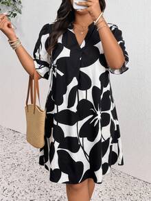 SHEIN CURVE+ Đầm ngắn cổ chữ V màu xanh lam và trắng in hoa phong cách Bohemia, size US22, thích hợp cho lễ hội âm nhạc, kỳ nghỉ biển, dành cho nữ. - Đen và trắng - Xem 2