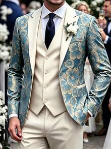 Manfinity Mode Men's Blue Jacquard Business Suit Set, Ceremony, Formal - Blue - View 5