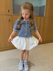 Dazy Kids Áo khoác denim ngắn tay phồng cổ vuông dễ thương cho bé gái (size nhỏ) - Rửa trung bình - Xem 5