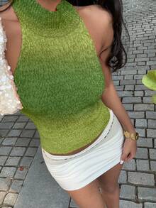 SHEIN PETITE 女款夏季時尚無袖高領針織上衣，深綠漸層，修身，適合度假海灘出遊與音樂節，可愛針織衫，適合嬌小女性 - 綠色 - 查看 4