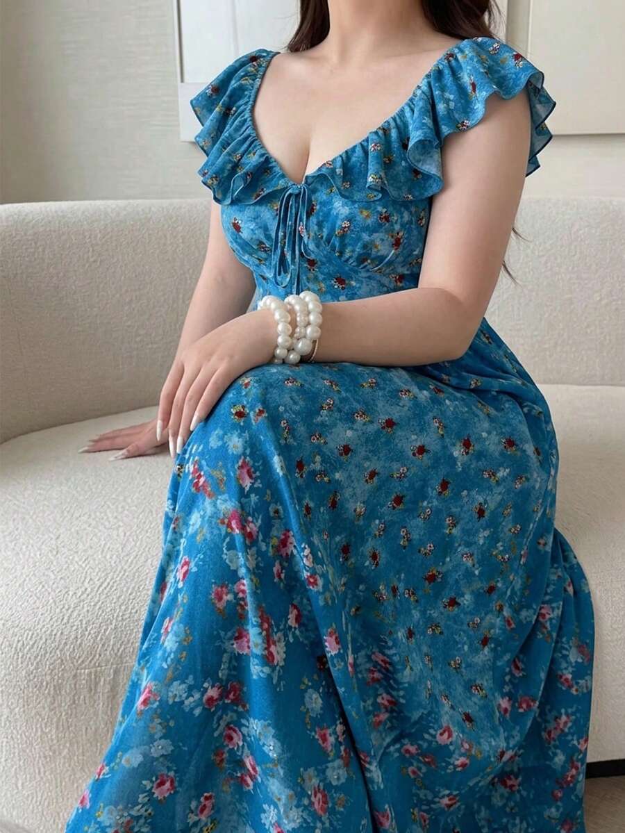 Vibekara Plus Size Summer V-Neck Ruffle Hem Blue Ditsy Floral Dress - Blue - View 1