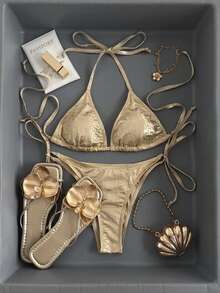 SHEIN Swim Women's Beach Swimwear Set With Metallic Decor For Summer Beach Vacation - Gold - View 2