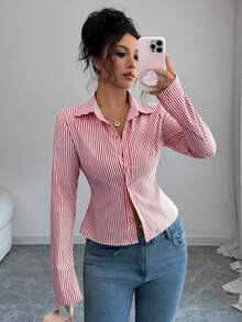 SHEIN 法式修身蓝白条纹优雅通勤长袖女式衬衫 - 酒紅色 - 查看 5