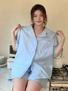 Dazy Plus Plus Size Women Striped Short Sleeve Button-Up Top And Shorts Pajama Set Summer - Baby Blue - View 6