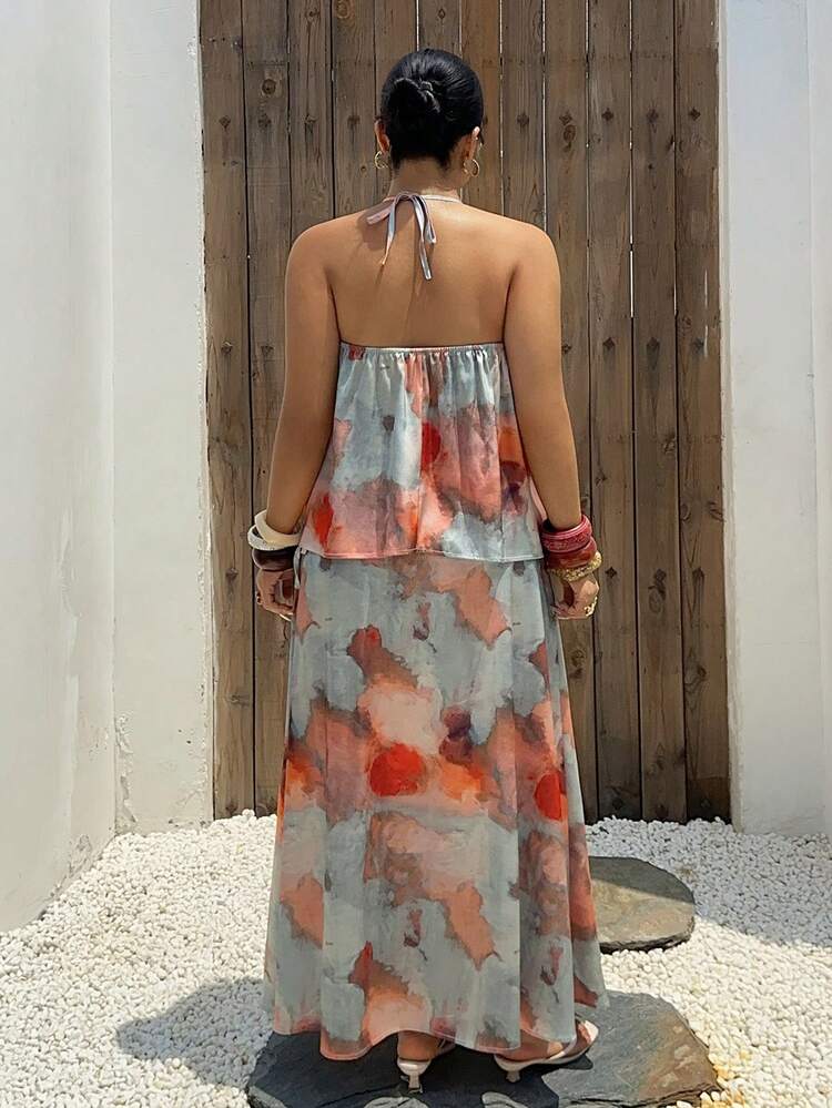 Dazy Plus 2pcs Elegant Floral Print Spaghetti Strap Camisole And Skirt Set, Casual Resort Style, Plus Size Women Spring/Summer