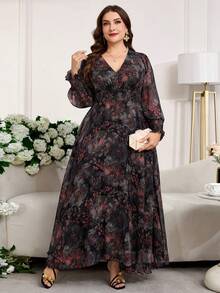 Reflora Plus Size Women Floral Print V-Neck Long Sleeve Elegant Dress - Red - View 5