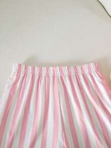 SHEIN 2pcs/Set Young Girl Solid Color Cute Puppy Pattern Loose Casual T-Shirt And Striped Shorts Set - Multicolor - View 7