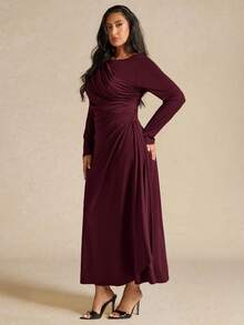 SHEIN BAE Đầm dài tay xếp ly thanh lịch dành cho nữ cỡ lớn, màu vàng, thích hợp cho mùa thu/đông. - Màu Đỏ Sâu - Xem 5