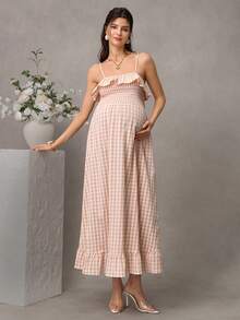 Đầm cho con bú SHEIN Maternity Gingham Frill Trim, màu hồng, mùa hè, có túi bên hông. - Hồng - Xem 5