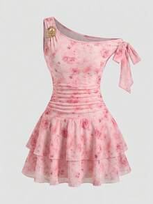 SHEIN 时尚优雅粉色碎花不对称肩连衣裙，适合青少年女孩，春季连衣裙，夏季粉色连衣裙，碎花度假连衣裙，夏季少女连衣裙，春季连衣裙，青少年女孩服装连衣裙，春季连衣裙 - 粉色 - 查看 2