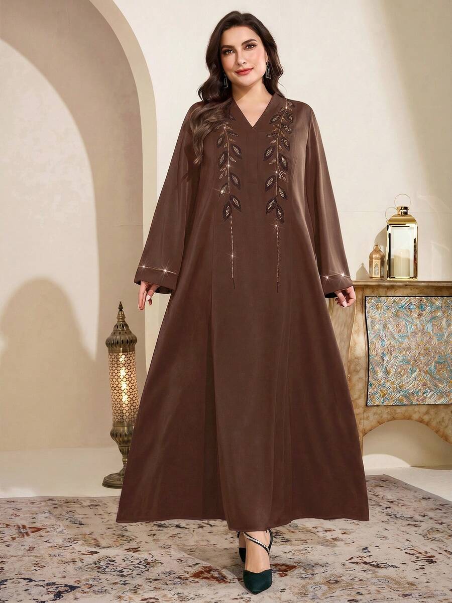 Al Najma 大码女士优雅水钻装饰喇叭袖宽松阿拉伯风格长裙 - 咖啡棕 - 查看 1