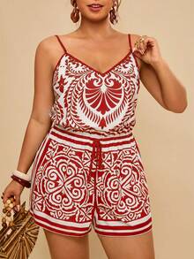 Travachic Plus Size Women Allover Print Casual Everyday Jumpsuit - Red - View 6