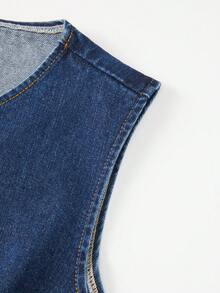 GlowEve Áo khoác gile denim nữ cài một hàng khuy bằng kim loại, kiểu dáng thường ngày. - Rửa tối - Xem 6