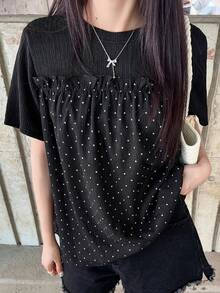 FRIFUL 女士休闲度假通勤波点印花荷叶边宽松T恤，夏季 - 黑色 - 查看 5