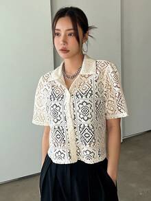 DAZY Women Lace Turndown Collar Cardigan Top, Summer Sheer,Crop Tops Women - Beige - View 2