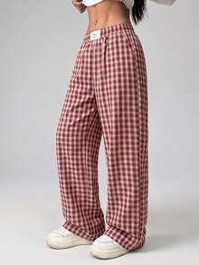 SHEIN EZwear 休闲格子直筒裤 - 紅白色 - 查看 6