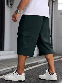 Manfinity Homme Plus Size Men's Casual Solid Color Cargo Capri Pants - Dark Green - View 2
