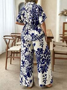 Ceyna Plus Size Women's Spring & Summer Casual Vacation Chiffon Leaf Print Shirt With Elastic Waist & Wide Leg Pants 2-Piece Set - Navy Blue - View 2