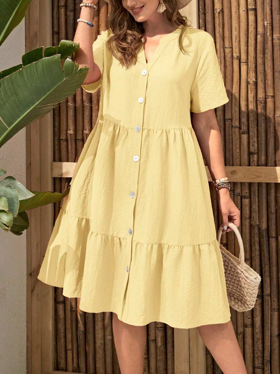 EMERY ROSE Plus Size Women Solid Color Short Sleeve Single-Breasted Casual Dress - Light Yellow - View 1