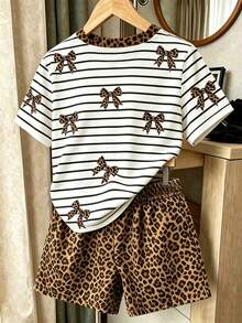 SHEIN 2pcs/Set 8-12 Years Old Girls Brown And White Retro Leopard Print Striped Short Sleeve T-Shirt & Shorts Outfit,Cute Summer School Back-To-School Wear - Multicolor - View 2