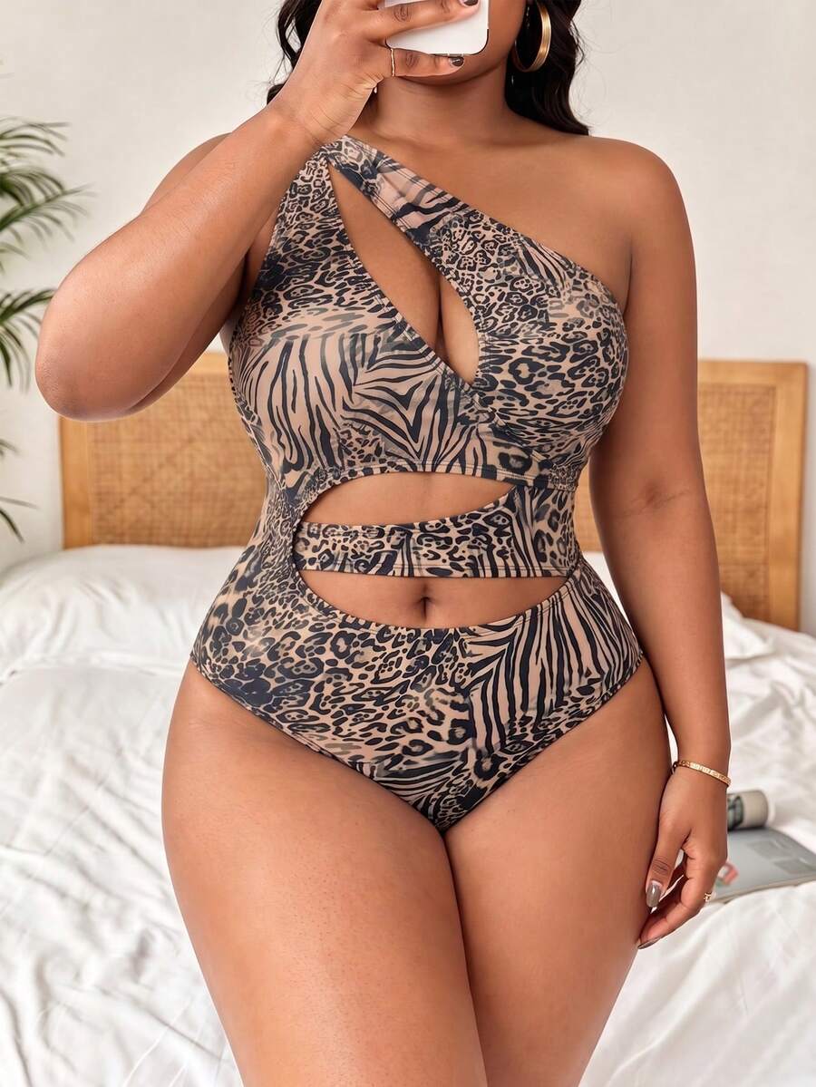 Slaydiva 2026 New Plus Size Women Leopard Print Hollow-Out One-Piece Swimsuit Beige Summer Classy Sexy Vacation Holiday Outfit Elegant Ladies Beach Swimwear - Multicolor - View 1