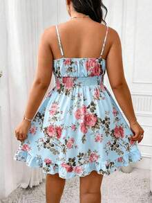 Elenzga Gaun Cami Kasual Motif Bunga Ukuran Plus dengan Detail Lipatan di Bagian Depan - Biru - View 2