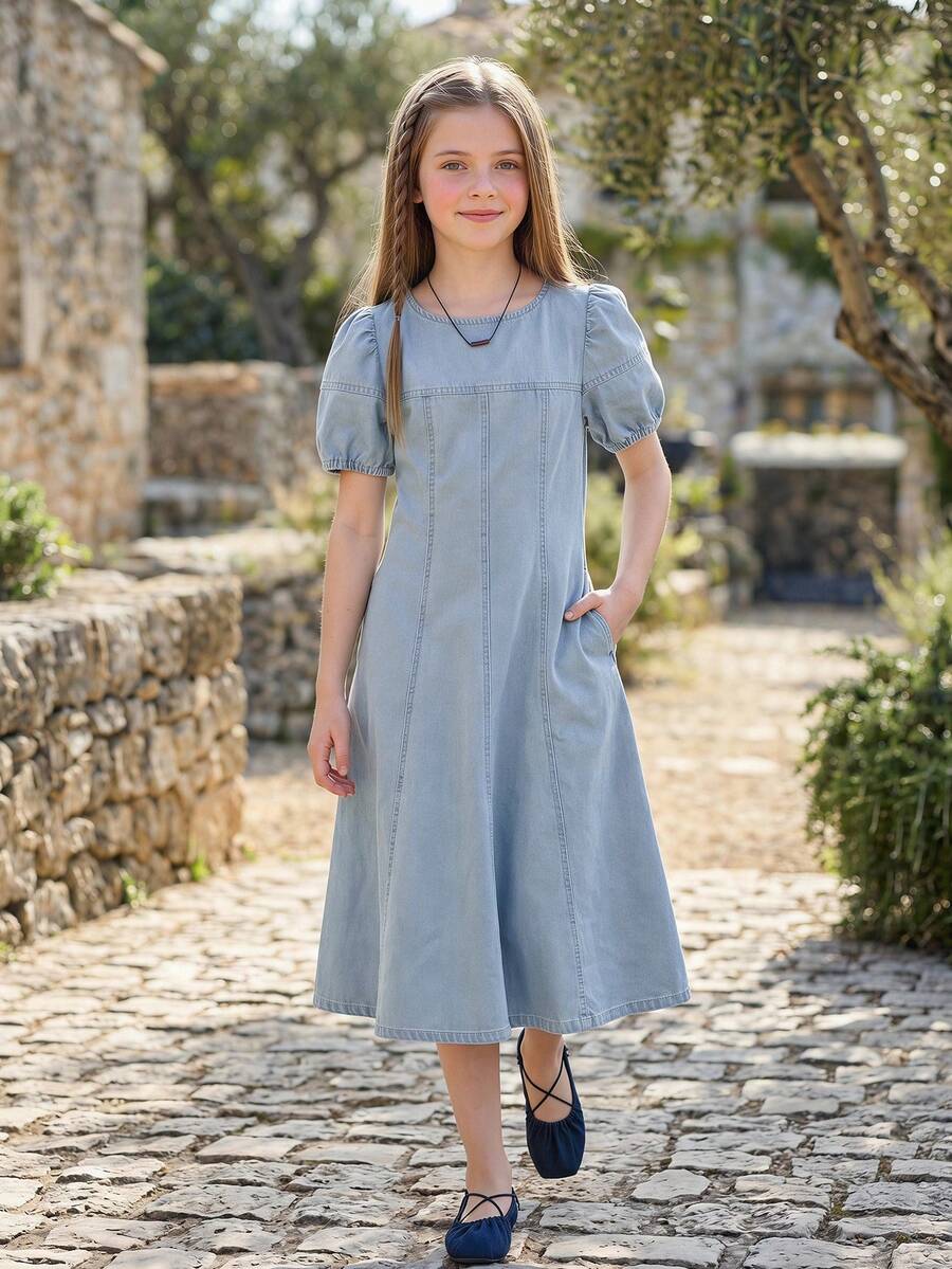 DAZY Tween Girls Denim Short Sleeve Dress - Light Wash - View 1