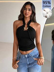 Aloruh Women's Elegant Metal Buckle Decor Cinched Waist Ruched Tie Neck Camisole - Black - View 5