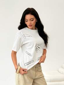BiGraphic Women's White Summer Safety Pin Printed Casual Loose T-Shirt, Versatile For Commuting, Shopping, Afternoon Tea - White - View 5