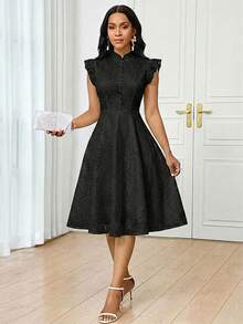 SHEIN Lady Women's Elegant Black Lace Midi Dress With Ruffle Sleeves And Button Detail Perfect For Evening Dinner Tea Party Date Events Office Party Summer - Black - View 6